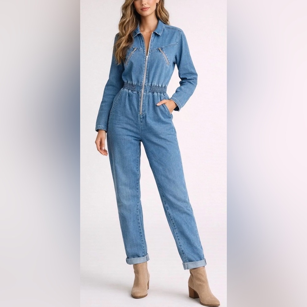 Denim/ jean jumpsuit/ long-sleeve boiler. Front zipper, elastic waistband. L